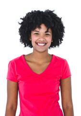 African American woman smiling and facing camera in studio portrait with red T-shirt and curly hair