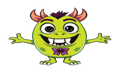 Fototapeta premium Happy 3d green monster cartoon characters with funny teeth and a happy alien creature are illustrated as a devilish bug with a virus-like bacterium in a scary computer illustration