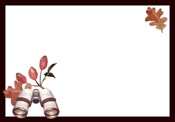 Binoculars with rose hips, oak leaves, watercolor frame in decorative dark border on white background. Rustic autumn frame design ideal for invitations, cards, notes, and seasonal stationery