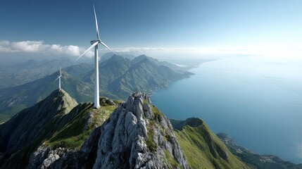 Two wind turbines are on top of a mountain overlooking a body of water