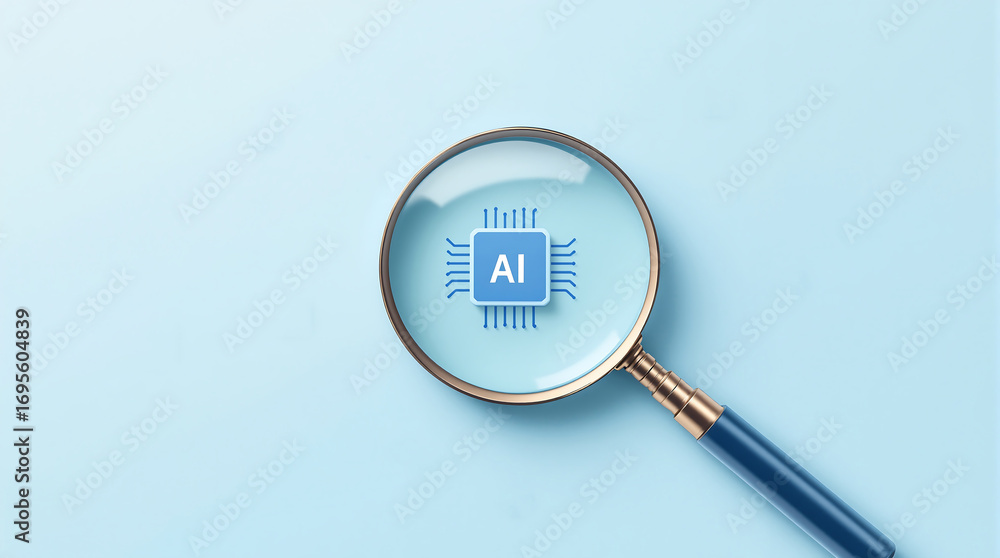 Poster artificial intelligence ai research and development concept magnifying glass on ai chip technology 1