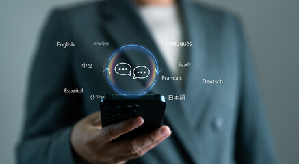 Businesswoman holding smartphone with multilingual chat, AI language translation, real time...