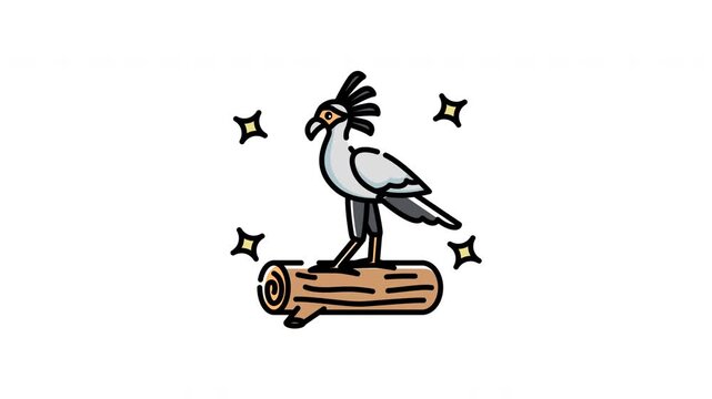 Secretary bird icon animation depicts a sparkling secretary bird perched majestically on a log.