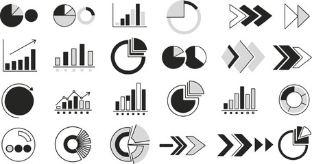 A versatile collection of monochrome infographic elements featuring various charts, graphs, and arrows for data visualization and business reports