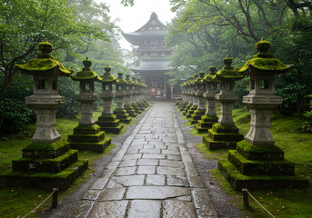 Stone path to asian temple in a misty garden