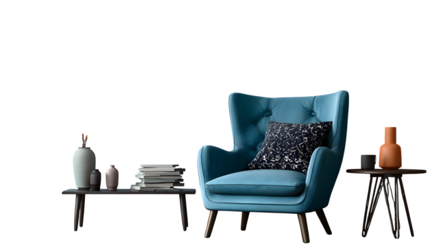 Cozy armchair and side tables vignette, isolated on transparent background