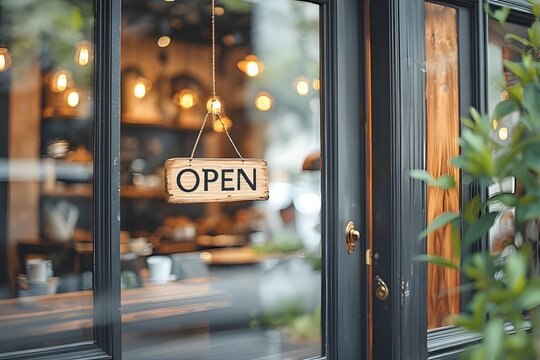 Warm welcome awaits inside inviting cafe with 'Open' sign glowing softly