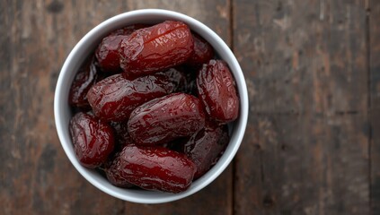Plump glossy dates overflowing a white bowl on a rustic wooden surface close up
