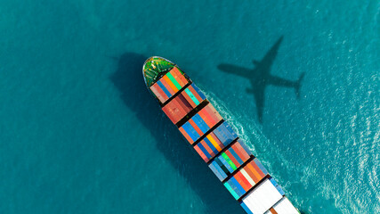 Aerial view of the freight shipping transport system cargo ship container. international...
