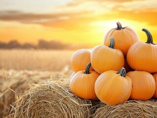 A stack of vibrant pumpkins rests atop hay bales against a warm sunset, evoking the essence of autumn harvest.