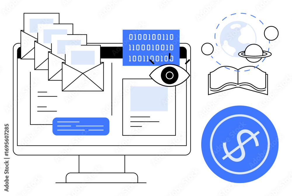 Poster computer screen with floating emails, binary code, eye icon, dollar icon, globe with a book. ideal f