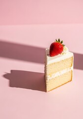 Strawberry Topped Cake Slice on Pink Background for a Sweet Treat
