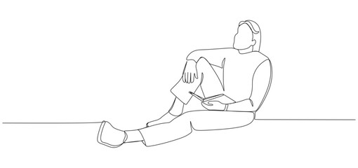 continuous line a man is sitting reading a book and thinking