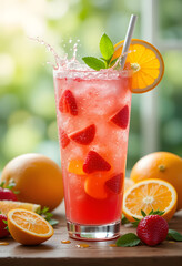 A Glass of Orange and Strawberry Drink with Ice