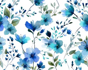 Delicate watercolor floral pattern featuring vibrant blue and teal blossoms on a crisp white background