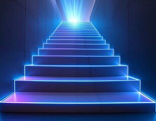 Fototapeta premium A futuristic staircase illuminated by vibrant blue and purple neon lights, leading upwards towards a bright, glowing light source.