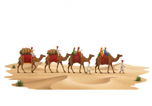 A traditional Rajasthani desert caravan of camels and travelers journeying across sun-drenched golden sand dunes, rendered as a realistic 2D vector illustration on a clean white background.