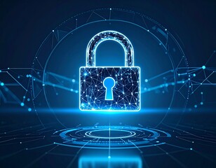 A futuristic digital padlock icon symbolizing cybersecurity and data protection in a network.