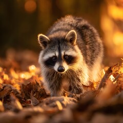 Fototapeta premium Bushy-tailed raccoon exploring autumn leaves