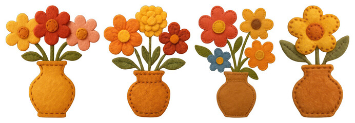PNG Colorful felt flower vases, element set on transparent background