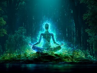 Digital forest with levitating yogi in neon aura surrounded by floating data emerald and cyan energy field
