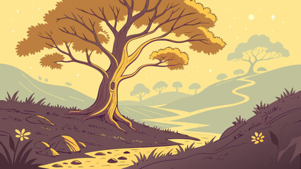 Illustration of a nature landscape with trees hills and river cartoon style vector background scenery artwork