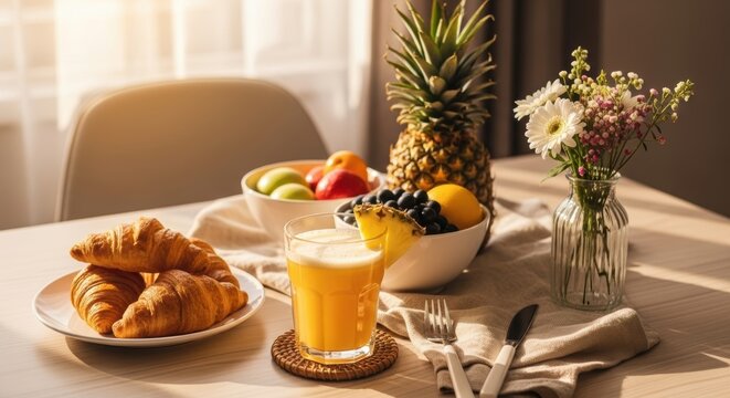 Sarapan sehat jus dan croissant di atas meja makan dengan suasana pagi hangat melambangkan kebahagiaan gaya hidup bernutrisi