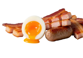 Perfectly sliced soft-boiled egg with golden jammy yolk, crisp bacon soldiers, and plump sausage link on white plate against transparent background under soft studio light, gourmet breakfast concept
