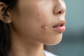 Close up profile of a young woman's face showing skin texture and details with soft natural lighting