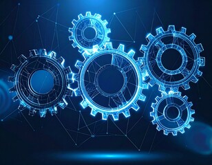 Digital glowing wireframe gears interconnected on a dark background with network lines representing technology and innovation.