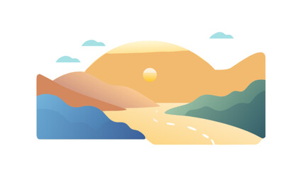 Scenic landscape illustration of mountains, river, and sunset for travel and nature themed designs