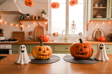 Festive halloween kitchen decor with carved pumpkins spooky ghost figures and twinkling lights creating a warm inviting seasonal atmosphere