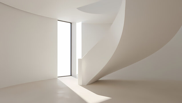 A bright, minimalist interior featuring a modern spiral staircase and a large window, creating a sense of spaciousness and clean architectural design