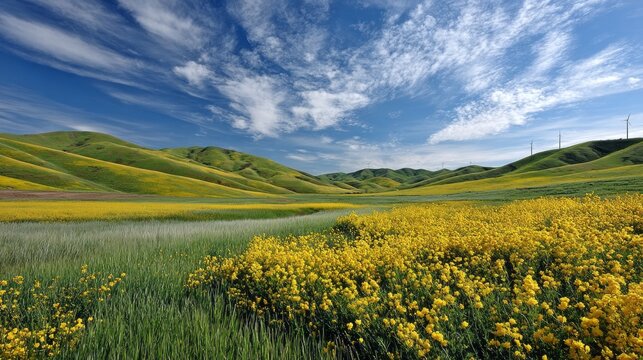 A field of yellow flowers with a clear blue sky in the background