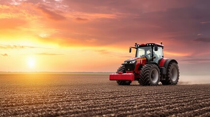 A red tractor plows a field at sunset, illuminating the sky with warm hues and creating a tranquil rural scene.