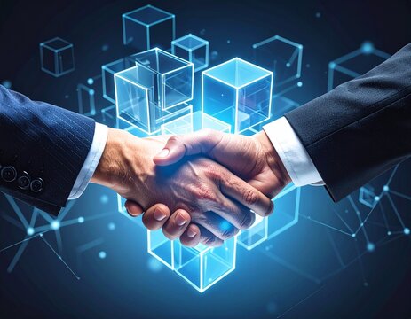 Two businessmen shaking hands in front of a futuristic digital network of glowing blue cubes. - Powered by Adobe