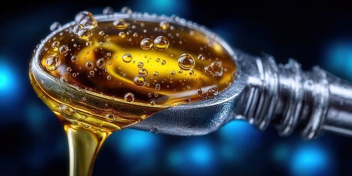 Golden honey or syrup drips from a spoon, creating a glistening, close-up shot.