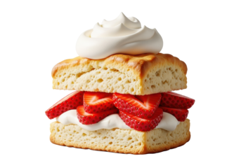 Photorealistic, layered strawberry shortcake slice with fluffy biscuit, ruby strawberries, and whipped cream, isolated on transparent. Concept of culinary delight