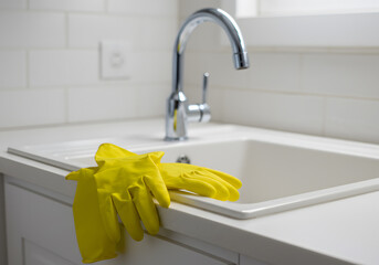 Yellow cleaning gloves on kitchen counter