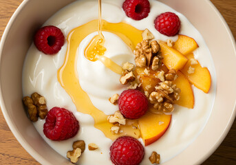 Yogurt breakfast bowl with fruit and honey