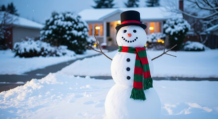 Obraz premium A snowman with a top hat and scarf standing in a snowy yard in front of a house at dusk time ai generated