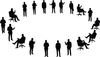 Business meeting silhouettes, corporate people, office workers, leadership discussion, professional teamwork, conference group, presentation, communication, vector illustration, black silhouettes,