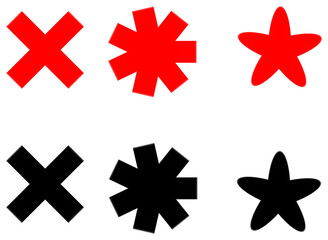 Three red shapes including an x asterisk and star