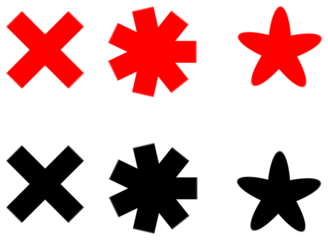 Three red shapes including an x asterisk and star