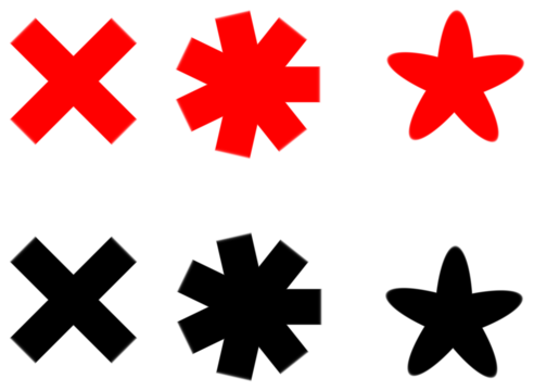 Three red shapes including an x asterisk and star