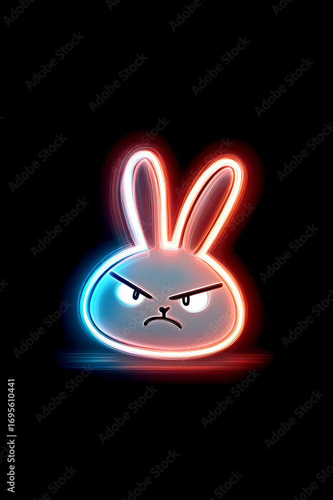 Poster glowing cartoon rabbit with an angry expression against a dark background, emphasizing its features