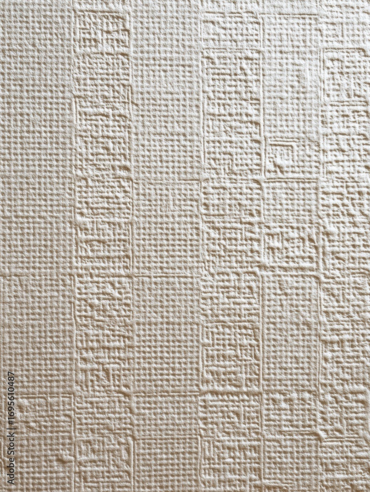 Poster textured wall surface with a subtle pattern of lines and squares created by a neutral-colored materi