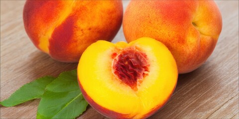 Close-up of juicy peaches, showing a sliced fruit, ripe and ready to eat on a wooden surface.