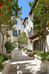 Naklejka premium A sun-drenched courtyard pathway lined with lush trees, offering a tranquil oasis within a collection of white buildings.