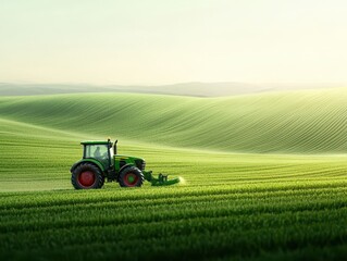 Fototapeta premium A tractor mows lush green fields under a soft, golden light, showcasing the beauty of agricultural landscapes and the harmony of nature.